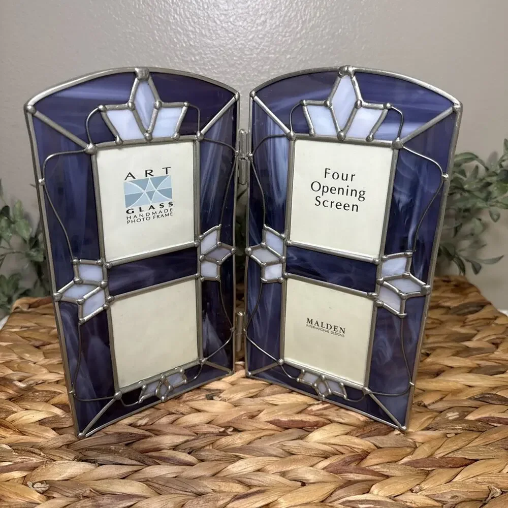 Malden Art Glass 4 Opening Folding Photo Frame Purple Art Stained Glass Style